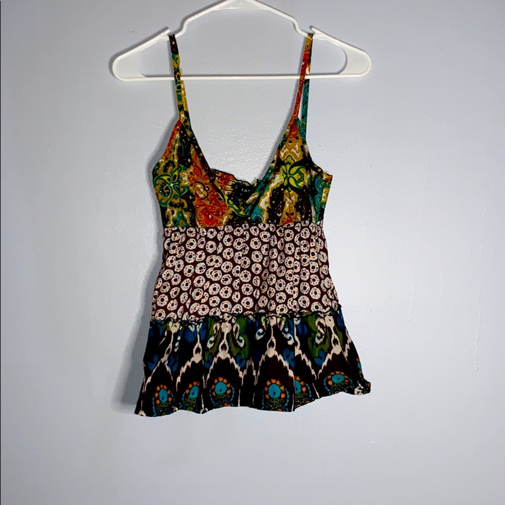 Rampage Boho Pattern Ruffle Peplum V-neck Tank